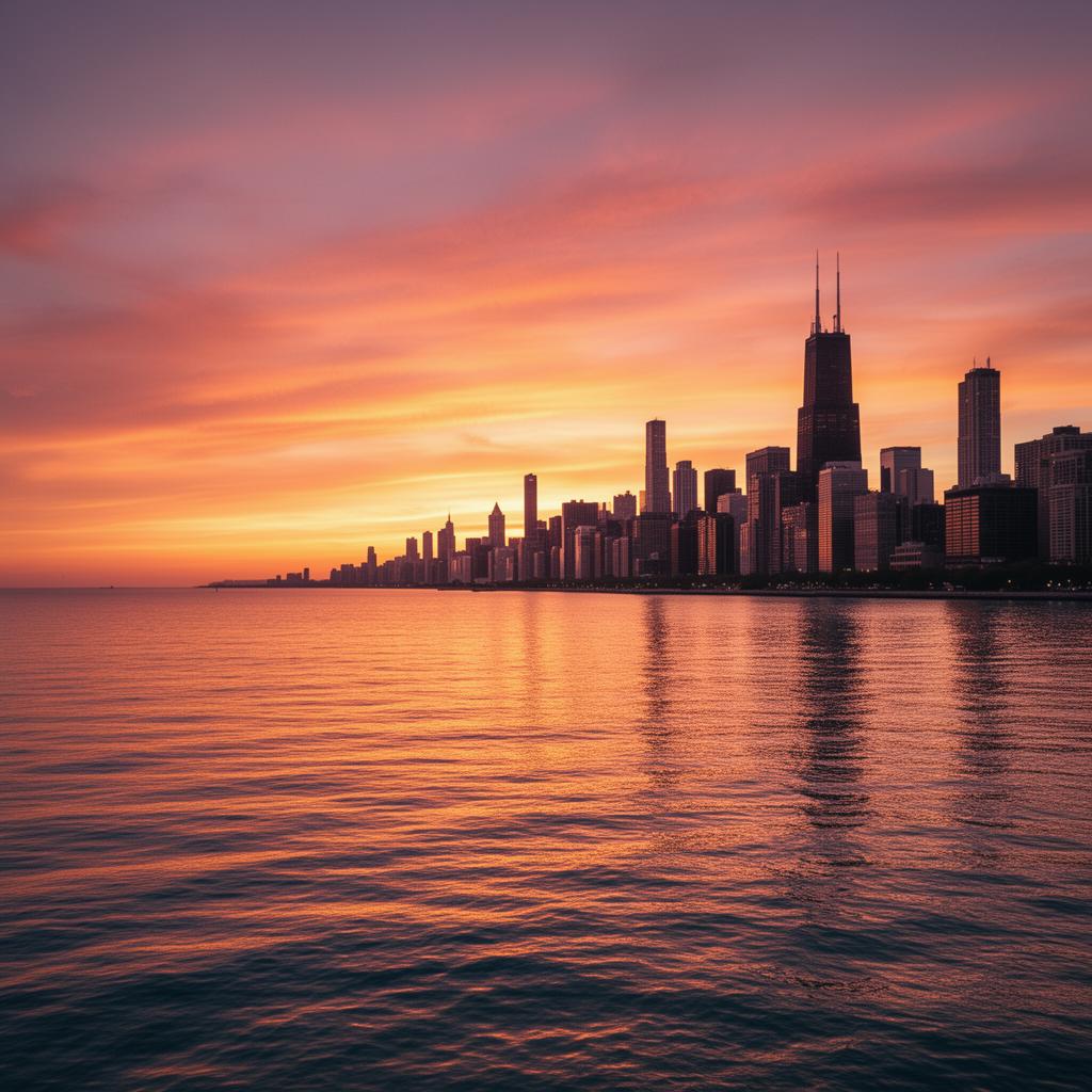 Chicago skyline at sunset over Lake Michigan